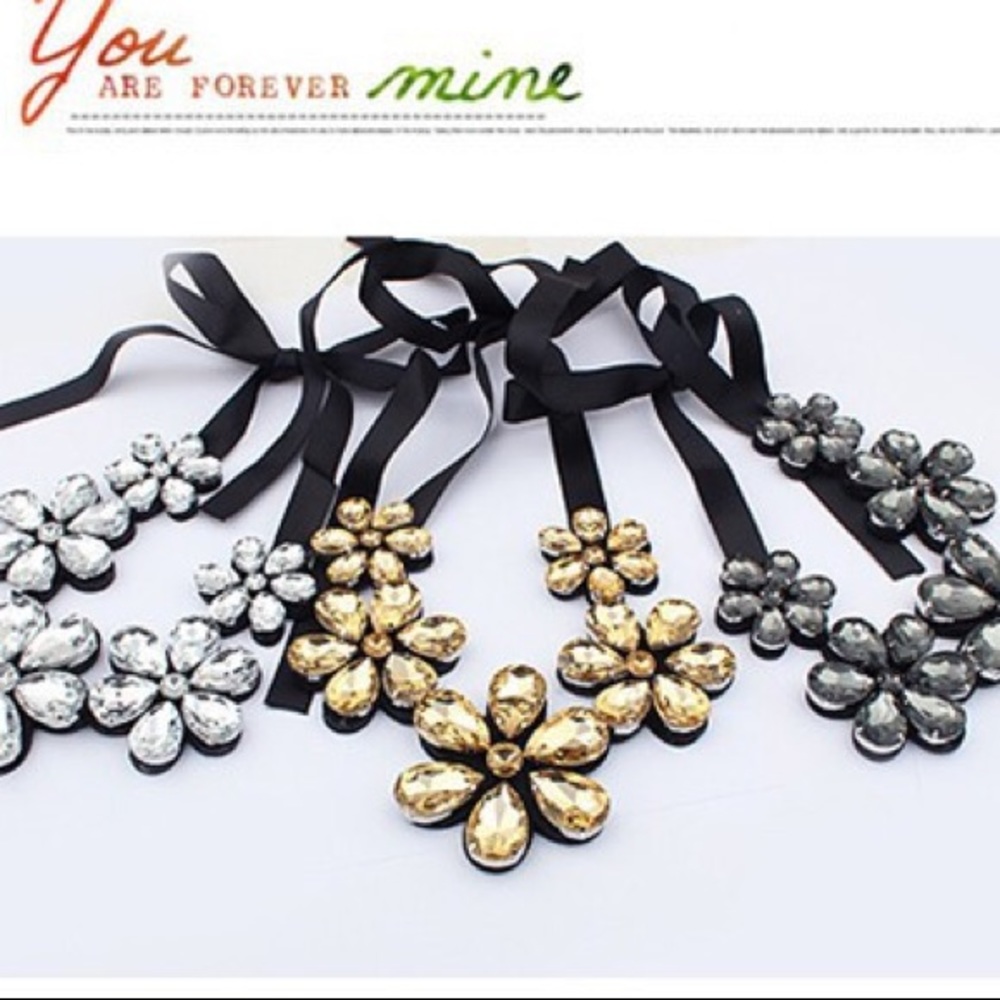Big Rhinestone 🌼 Choker Ribbon Statement Necklace - Picture 8 of 14